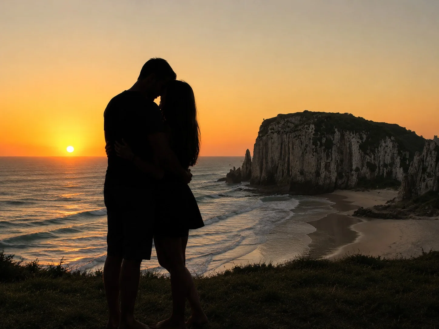 Casal ao pôr do sol com vista para as falésias e o mar em Torres